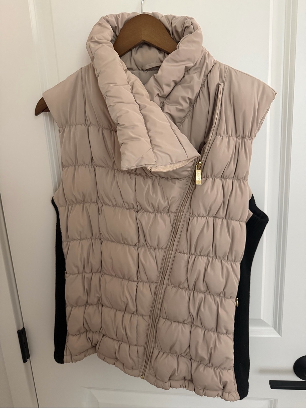 Calvin Klein Quilted Puffer Vest in Taupe with Gold Zip Pull